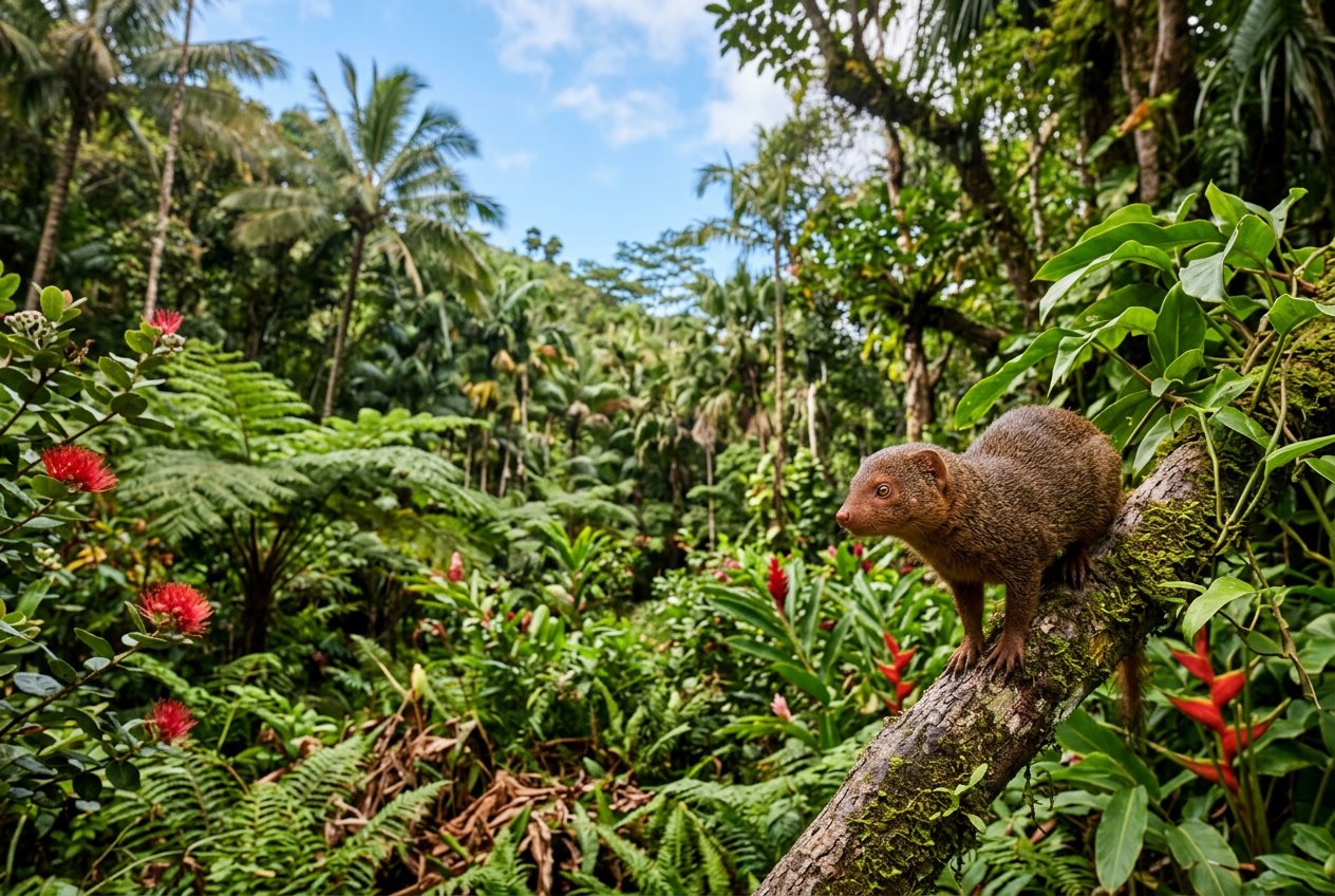 A tropical Hawaiian forest with lush green plants and a mongoose on a tree branch.