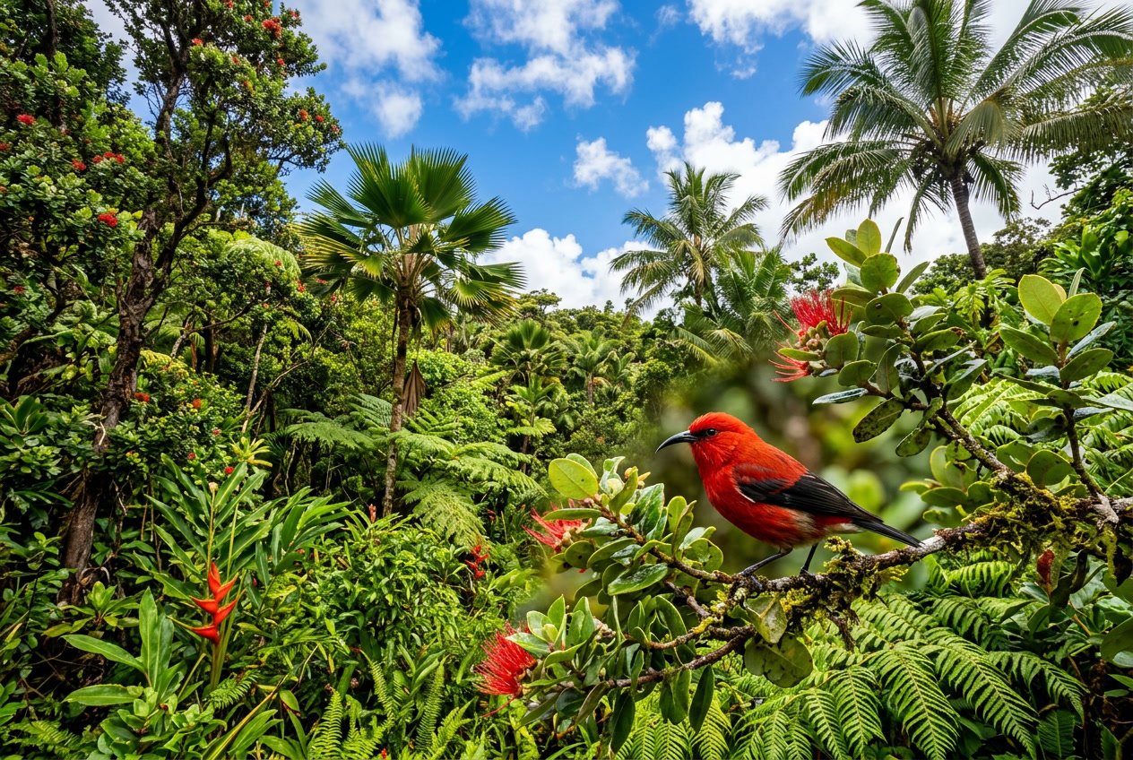 A tropical Hawaiian forest with green palm trees and a native bird perched on a branch under a clear blue sky.