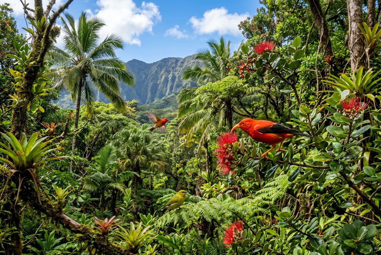 A lush Hawaiian forest with tropical plants, palm trees, native birds, and a volcanic mountain in the background, showing no squirrels.