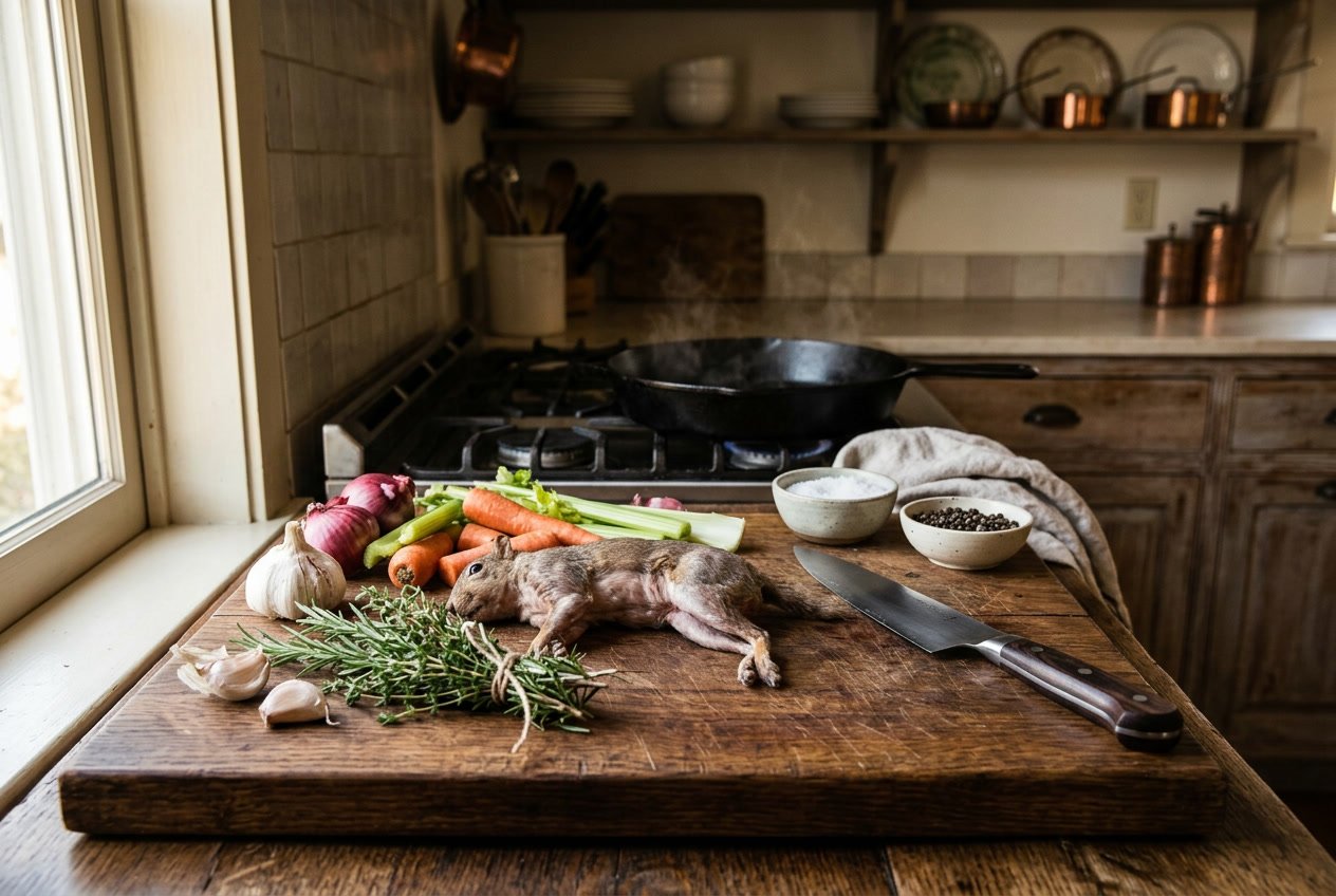 A rustic kitchen scene with a cleaned squirrel on a cutting board surrounded by herbs and vegetables.