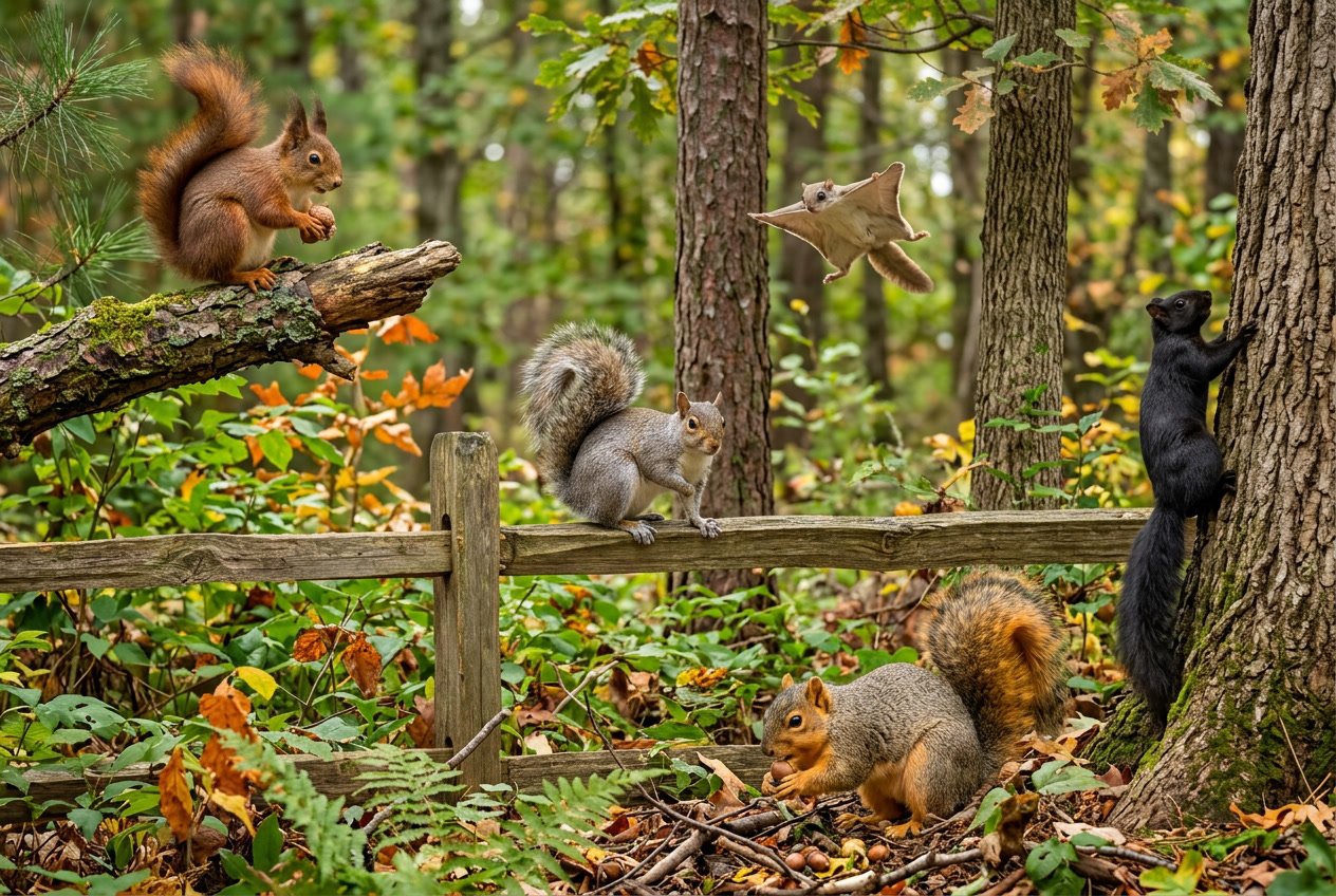 Several different types of squirrels in a forest setting, including red, grey, black, fox, and flying squirrels among trees and leaves.