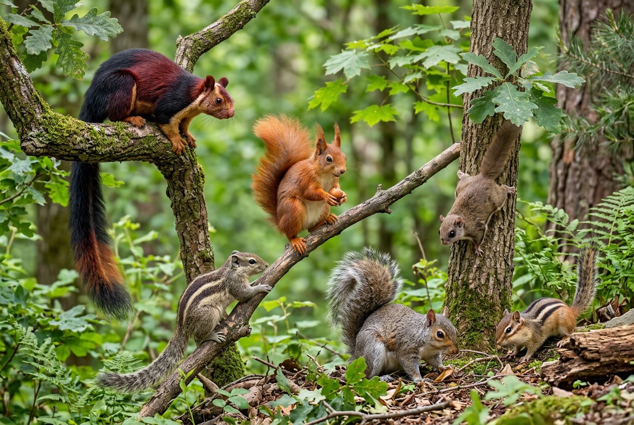 Several different types of squirrels perched on tree branches and on the ground in a forest setting.
