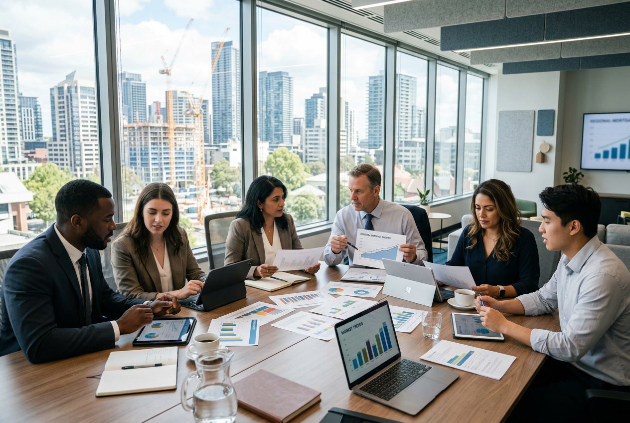 Business professionals collaborating in a modern office with city skyline in the background, reviewing documents and digital devices related to financial services.