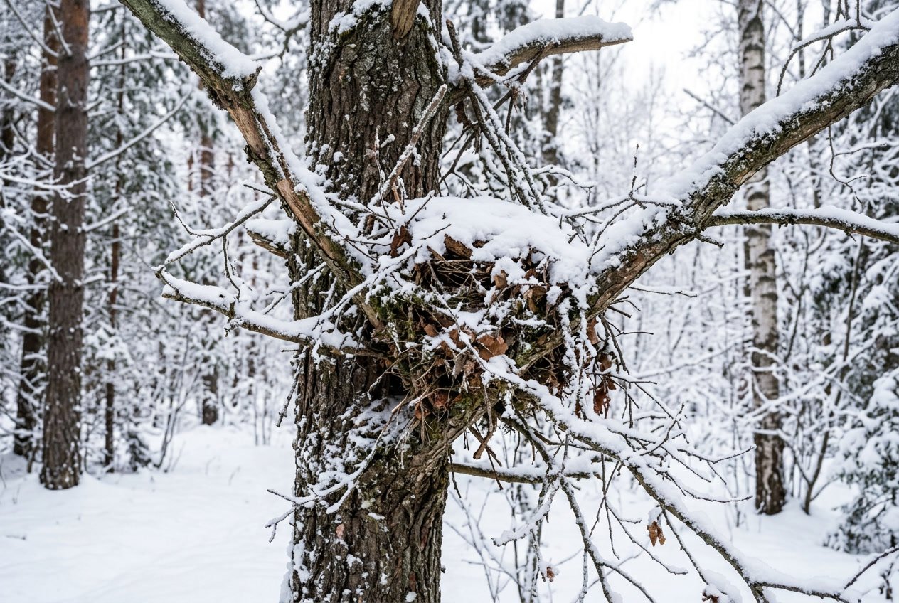 A snow-covered tree branch with a hidden squirrel nest made of twigs and leaves in a quiet winter forest.