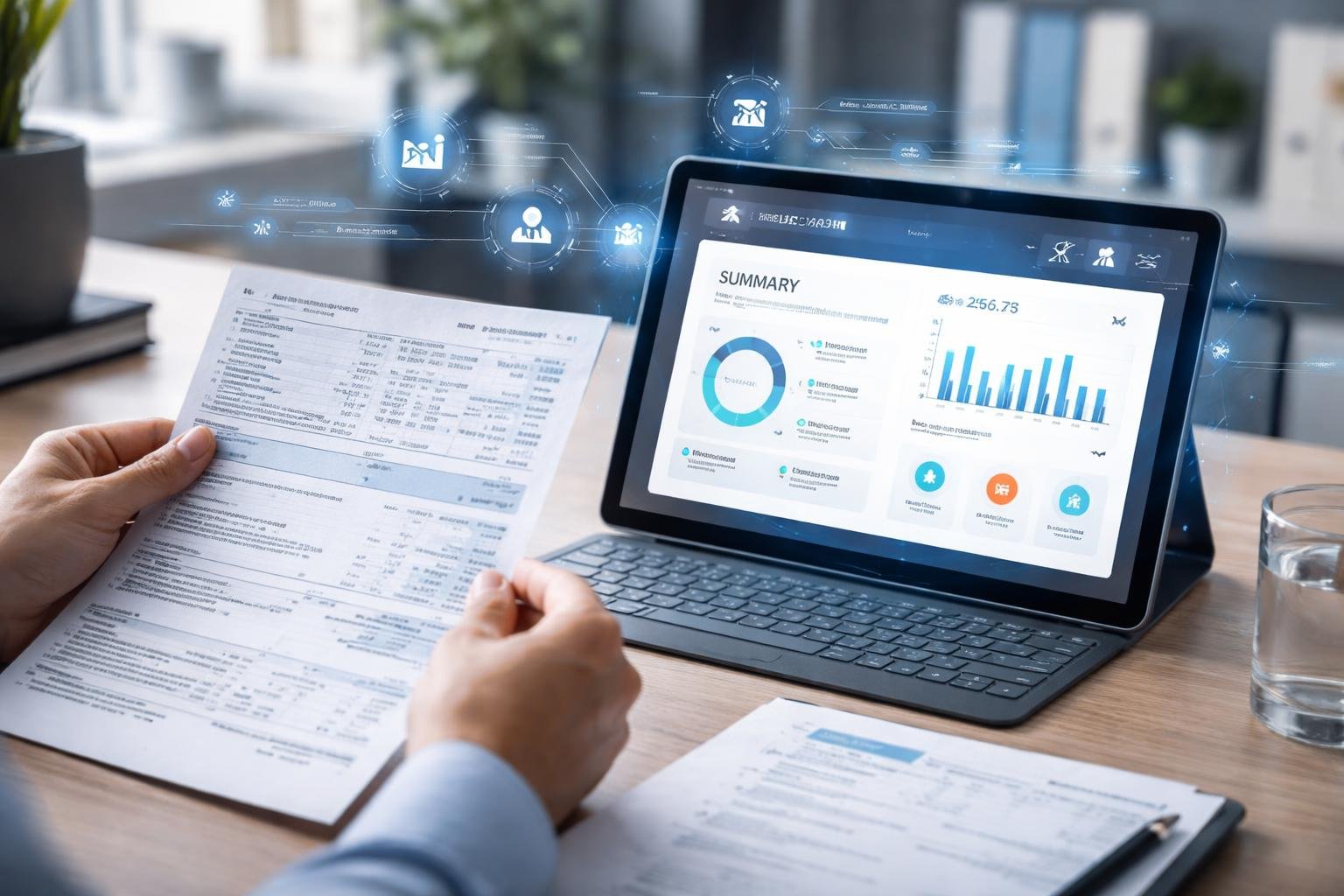 A person holding a paper bill next to a tablet displaying simplified usage summaries in a modern office setting.