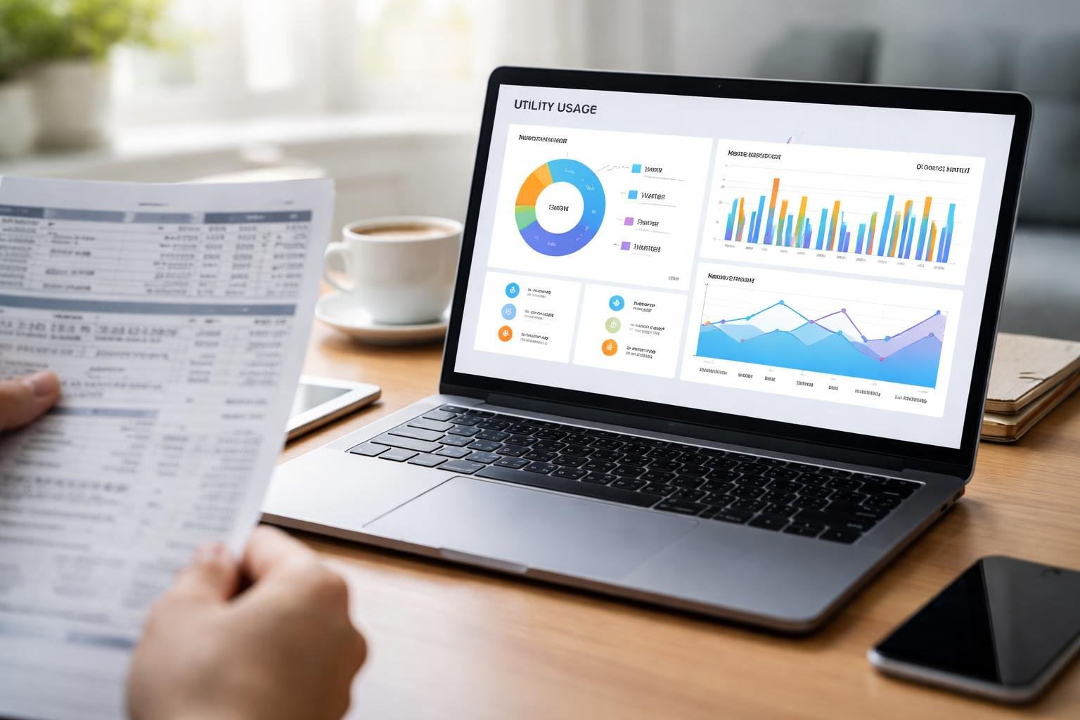A person holding a paper bill next to a laptop screen showing colorful charts summarizing usage data in an office setting.