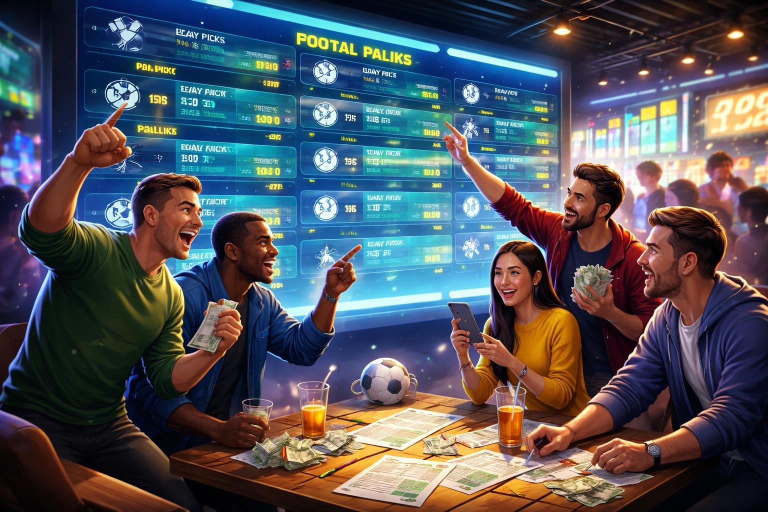 Sekelompok orang yang antusias berkumpul di depan layar digital besar dengan jadwal pertandingan sepak bola dan opsi taruhan, terlihat berdiskusi dan merayakan kemenangan.
