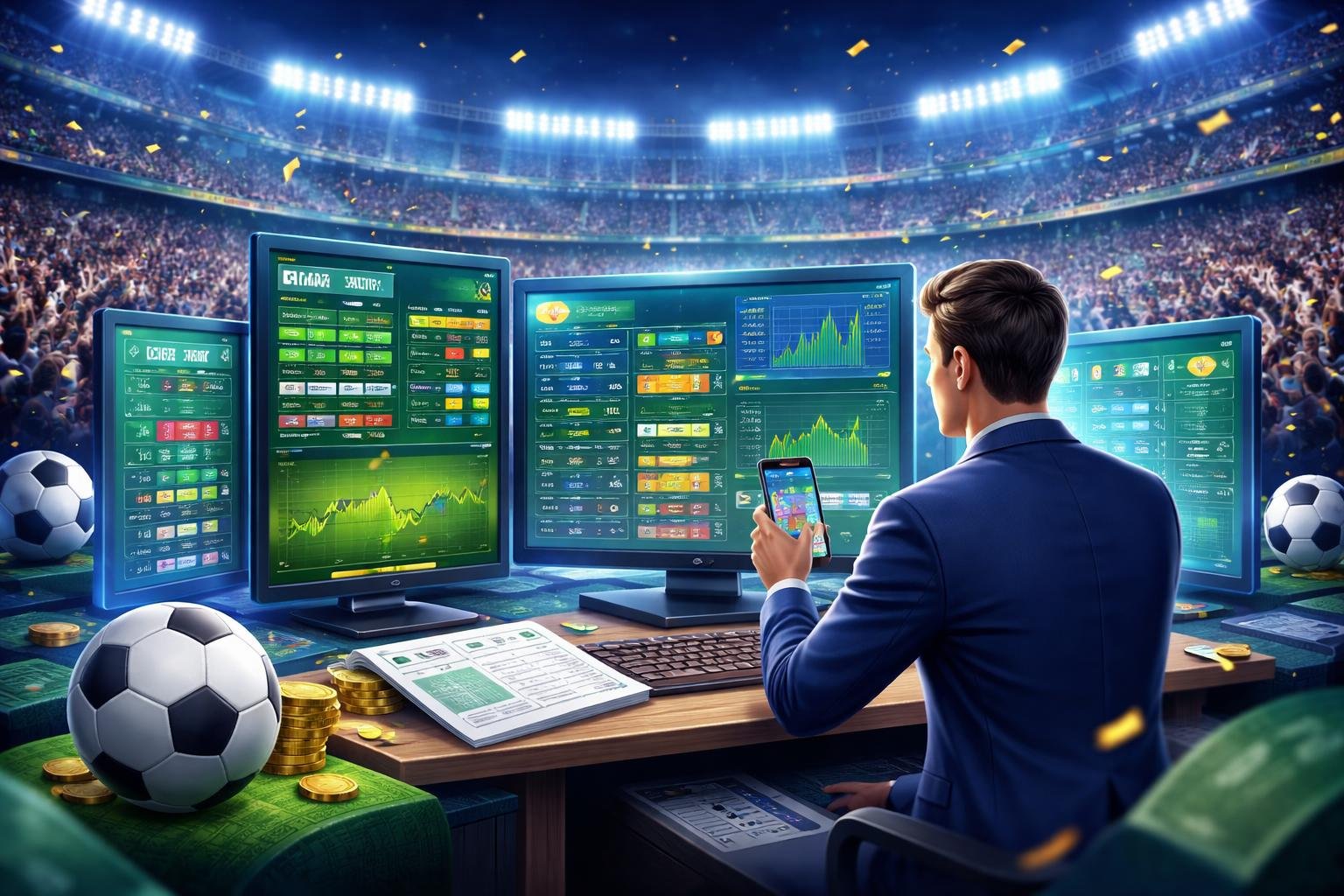 Seseorang sedang menganalisis layar dengan statistik pertandingan sepak bola dan peluang taruhan di depan stadion yang ramai dengan penonton.