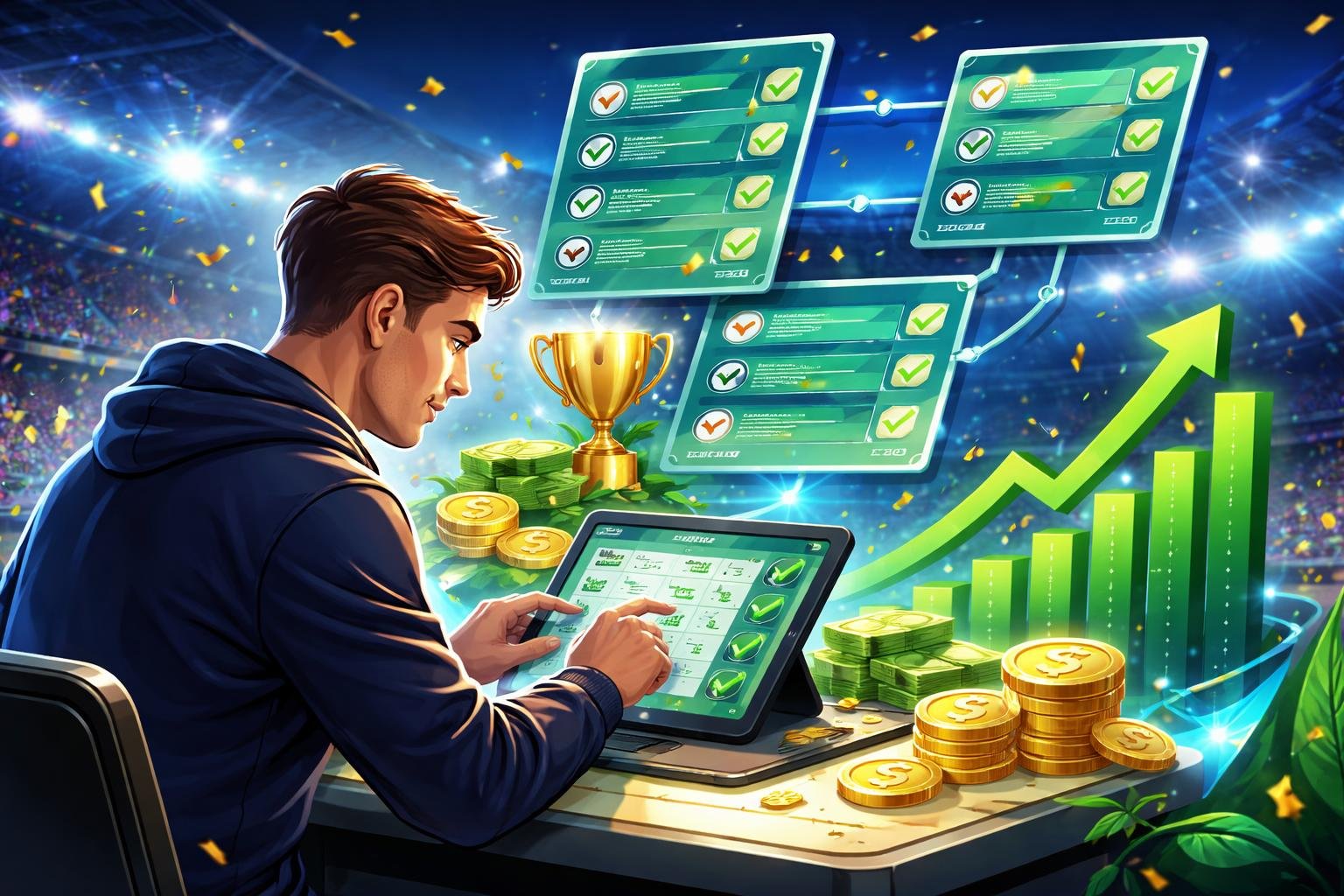 Seorang petaruh yang percaya diri sedang menganalisis hasil pertandingan sepak bola di perangkat digital dengan latar stadion yang penuh penonton dan lampu sorot.