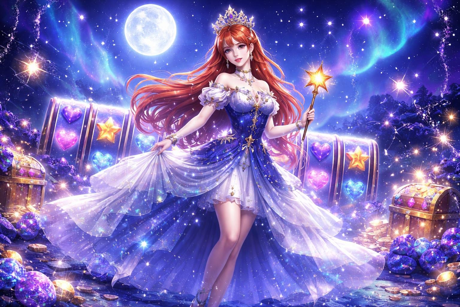 Seorang putri berdiri di lanskap malam yang penuh bintang dengan elemen mesin slot yang berkilauan di sekitarnya.