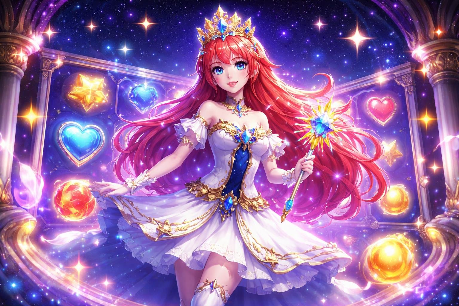 Seorang putri bercahaya berdiri di bawah langit malam berbintang dengan simbol-simbol slot yang berkilauan di sekitarnya.