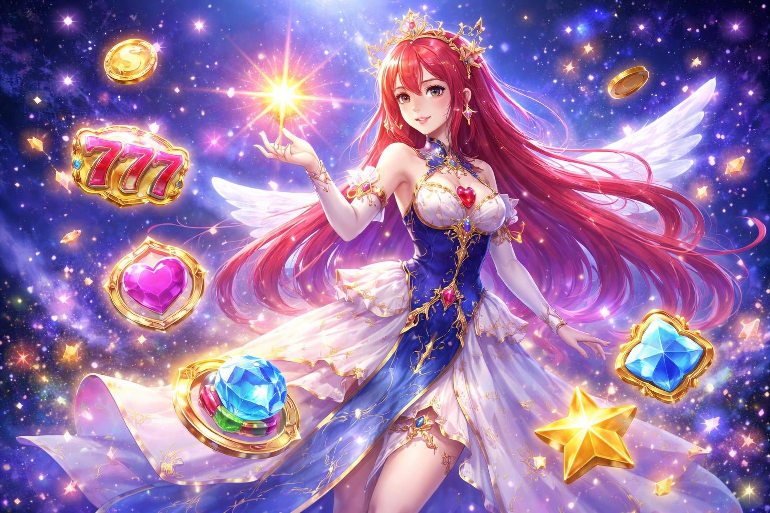 Seorang putri bercahaya dikelilingi simbol-simbol slot berkilau di latar langit malam berbintang.
