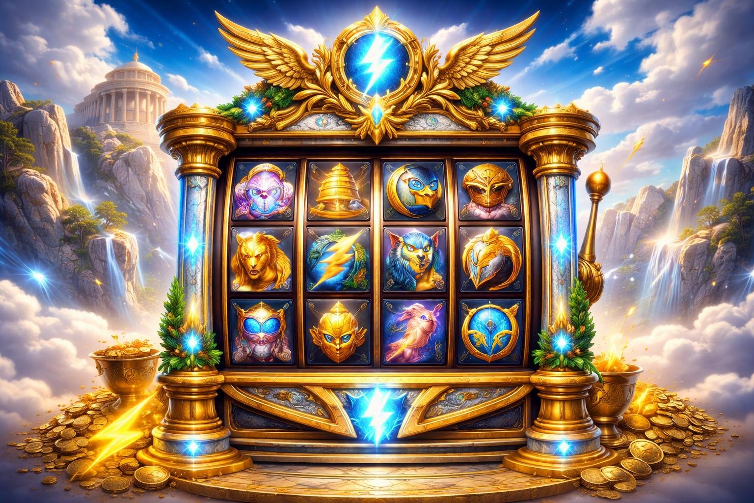 Mesin slot bertema Olympus dengan ornamen emas dan marmer, dikelilingi simbol mitologi Yunani dan latar kuil di puncak gunung.