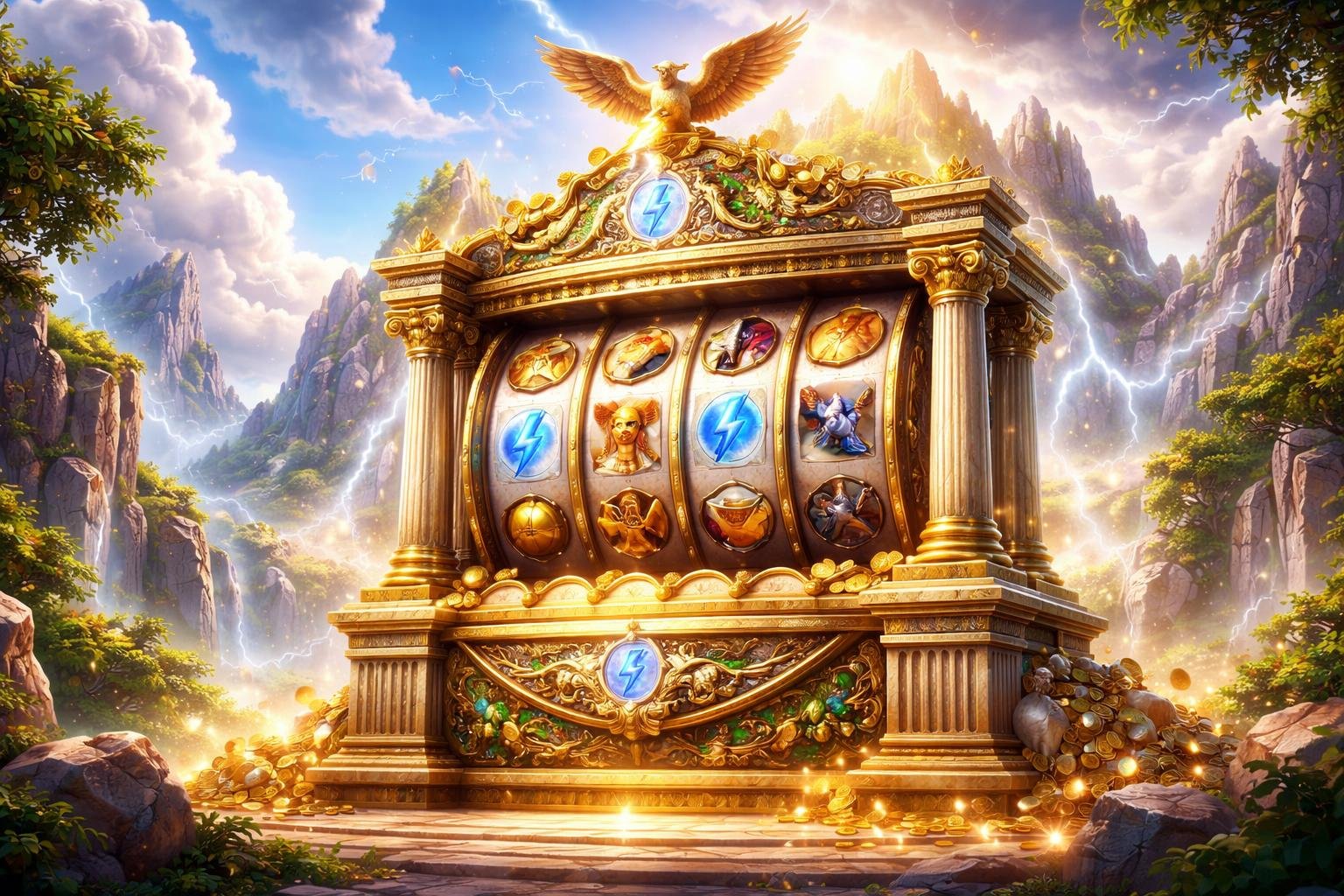 Pemandangan mesin slot Olympus yang megah di tengah latar pegunungan dan awan, dengan simbol-simbol Yunani kuno di sekitarnya.