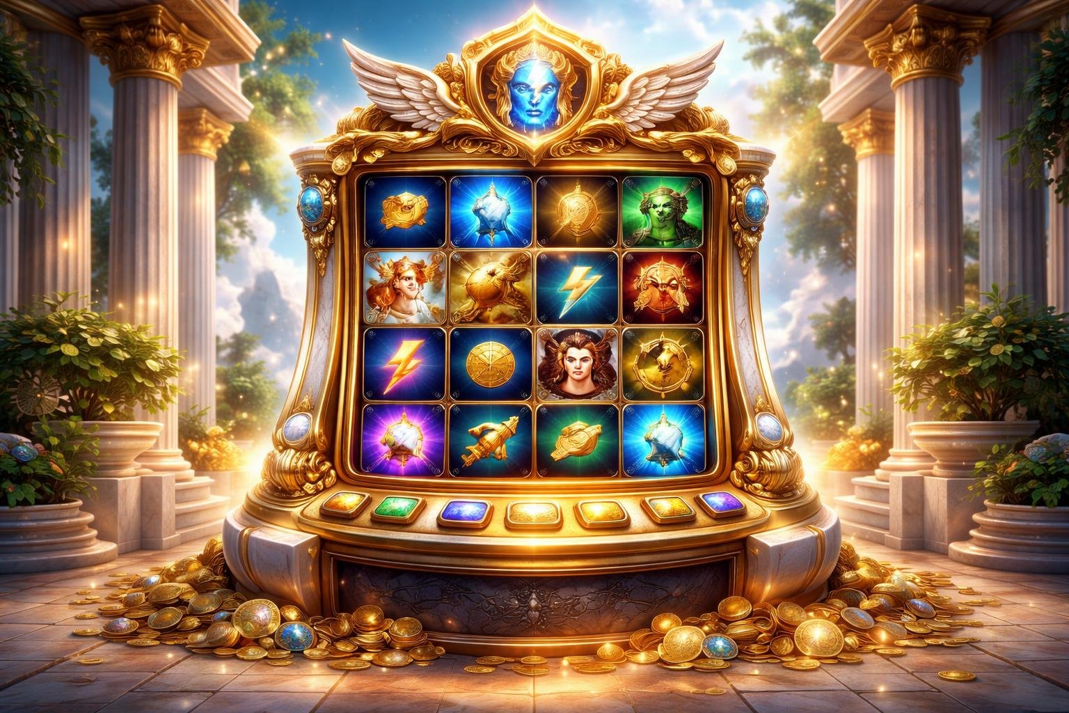 Mesin slot bertema Olympus dengan ornamen Yunani kuno di dalam kuil megah, dikelilingi pilar marmer dan tanaman hijau, menampilkan simbol mitologi dan suasana kemenangan.