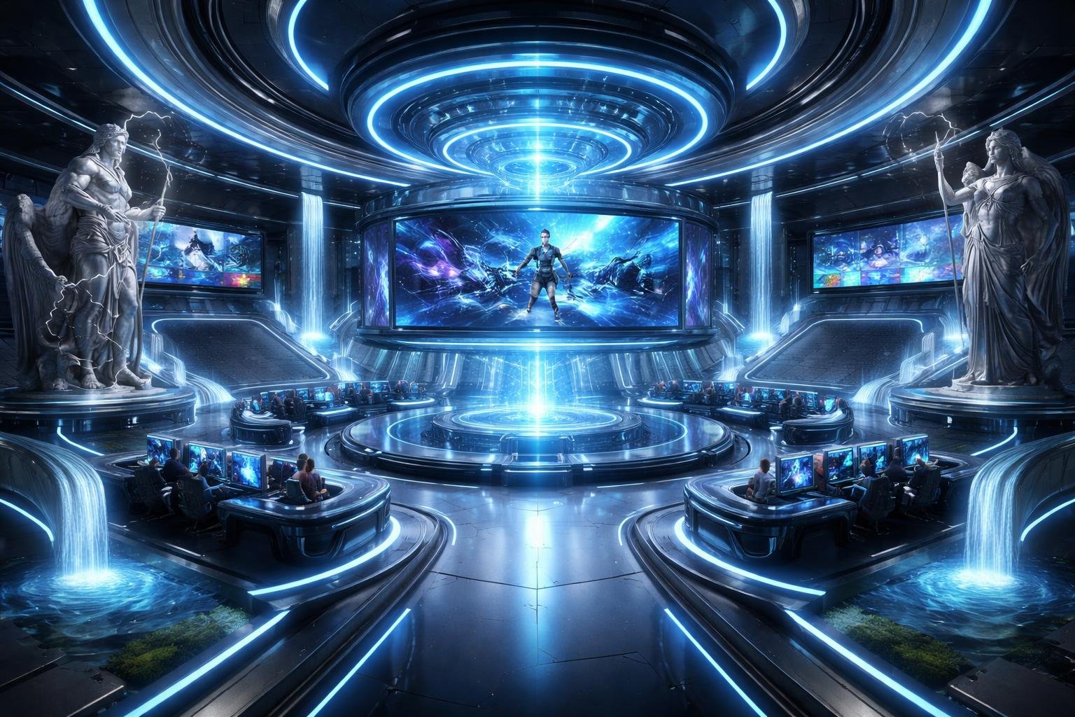 Pemandangan arena permainan futuristik dengan layar holografik dan patung digital bertema mitologi Yunani.