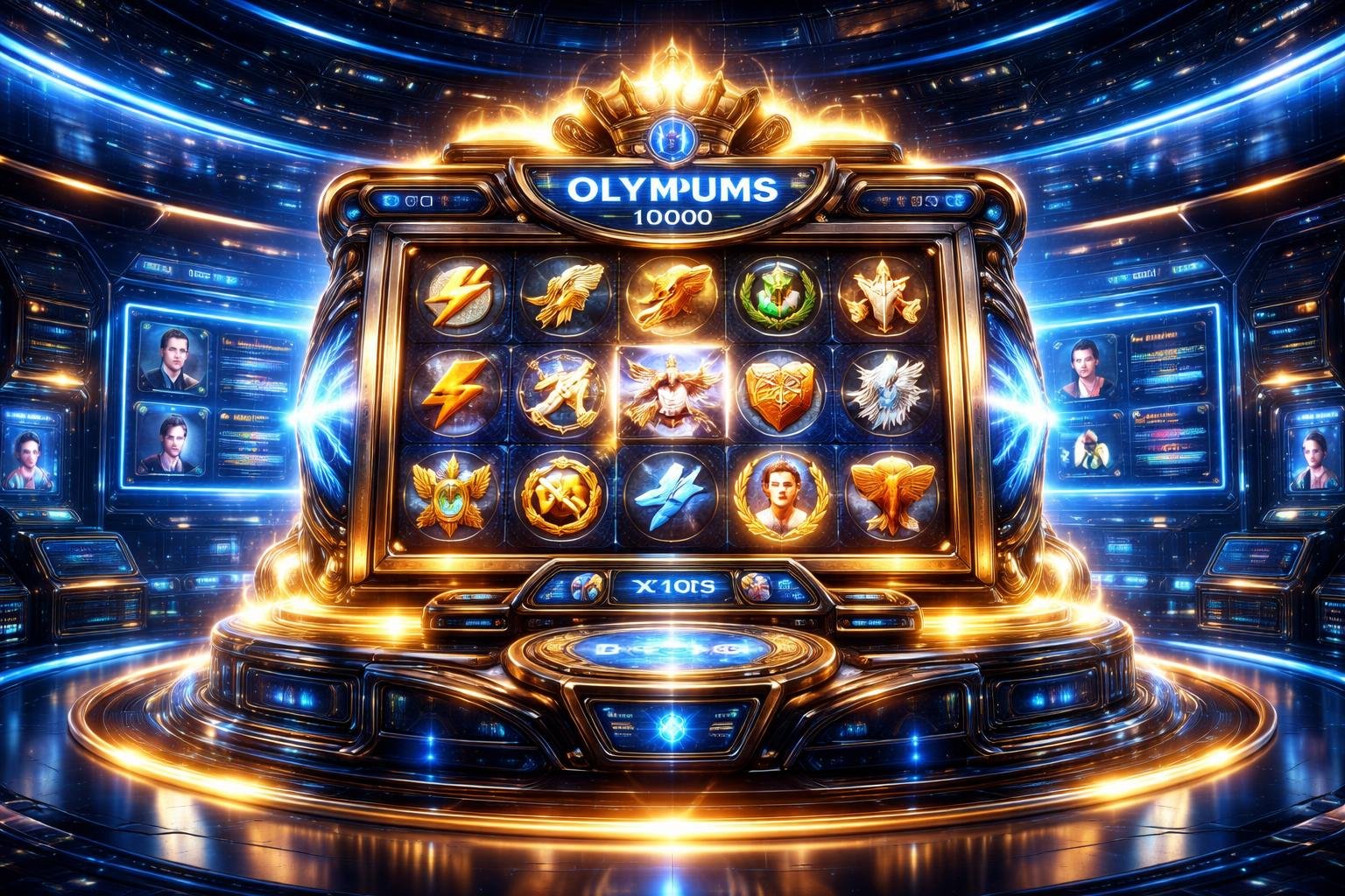 Gambaran mesin slot Olympus X1000 yang futuristik di dalam kasino digital dengan lampu neon, layar holografik, dan elemen mitologi Yunani.