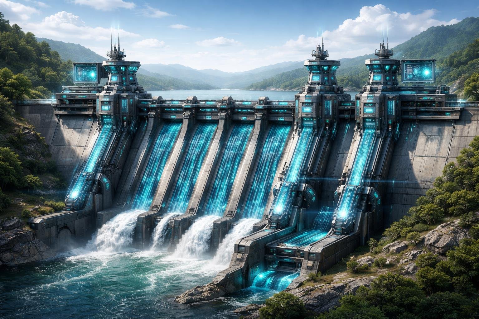 Pemandangan bendungan besar dengan sistem keamanan dan stabilitas canggih, dikelilingi oleh menara pengawas dan lingkungan alami.