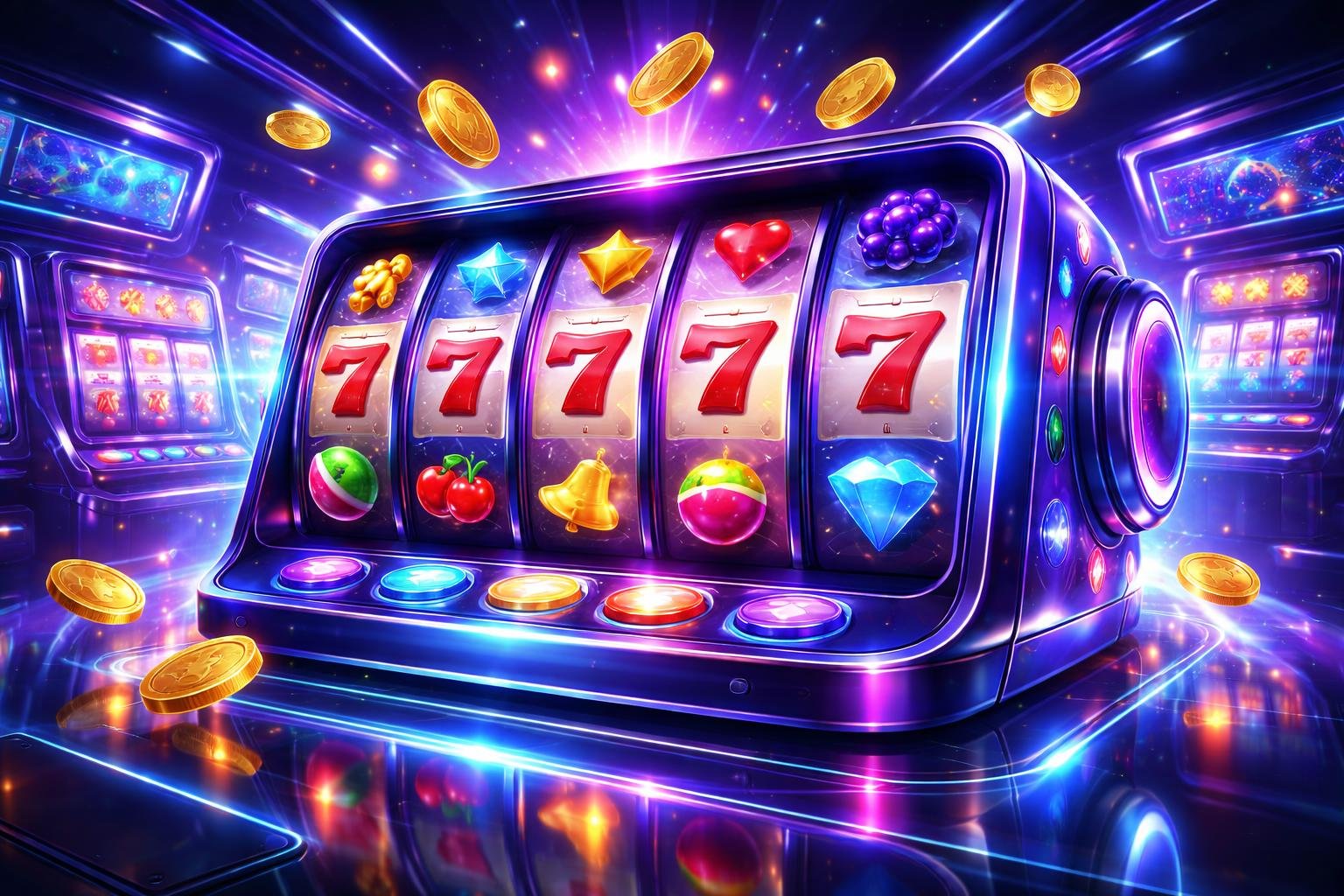 Antarmuka permainan slot online futuristik dengan gulungan berwarna-warni dan latar kasino virtual berteknologi tinggi.