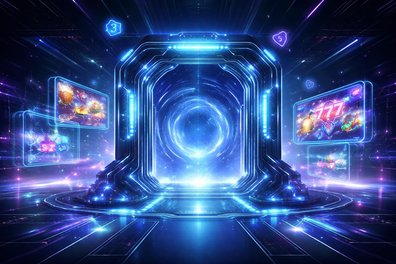 Sebuah portal digital futuristik dengan lampu neon biru di lingkungan berteknologi tinggi menampilkan simbol mesin slot seperti ceri dan angka tujuh.