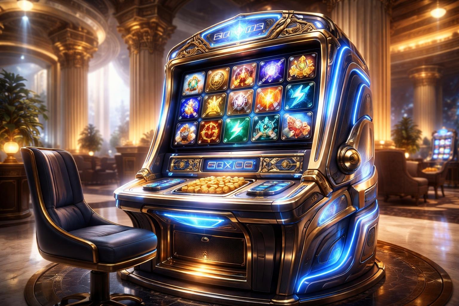 Mesin slot futuristik dengan desain mewah dan pencahayaan hangat di ruangan kasino yang nyaman dan elegan.