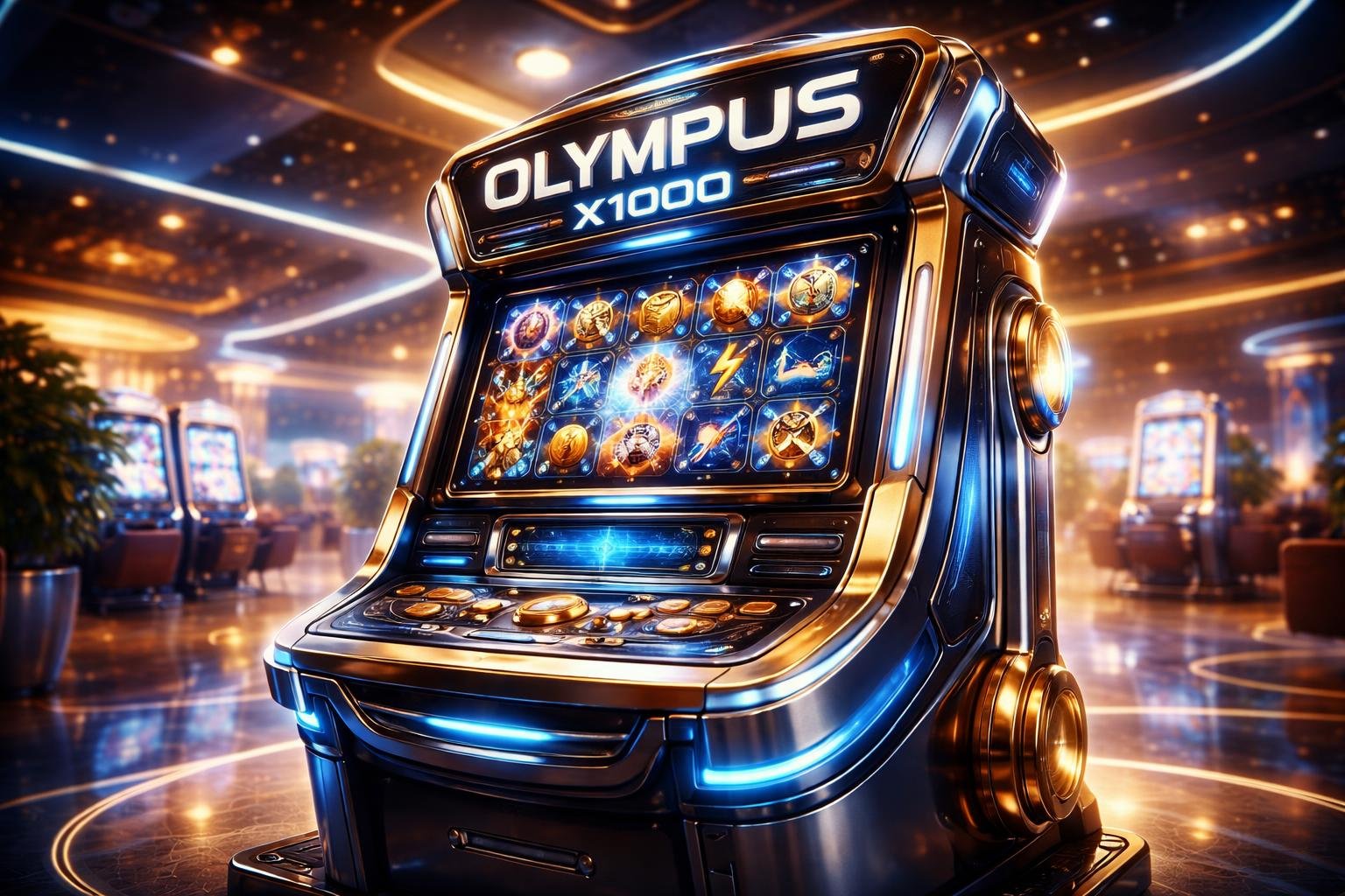 Mesin slot modern dan futuristik di dalam kasino yang terang dan elegan dengan suasana nyaman dan terpercaya.