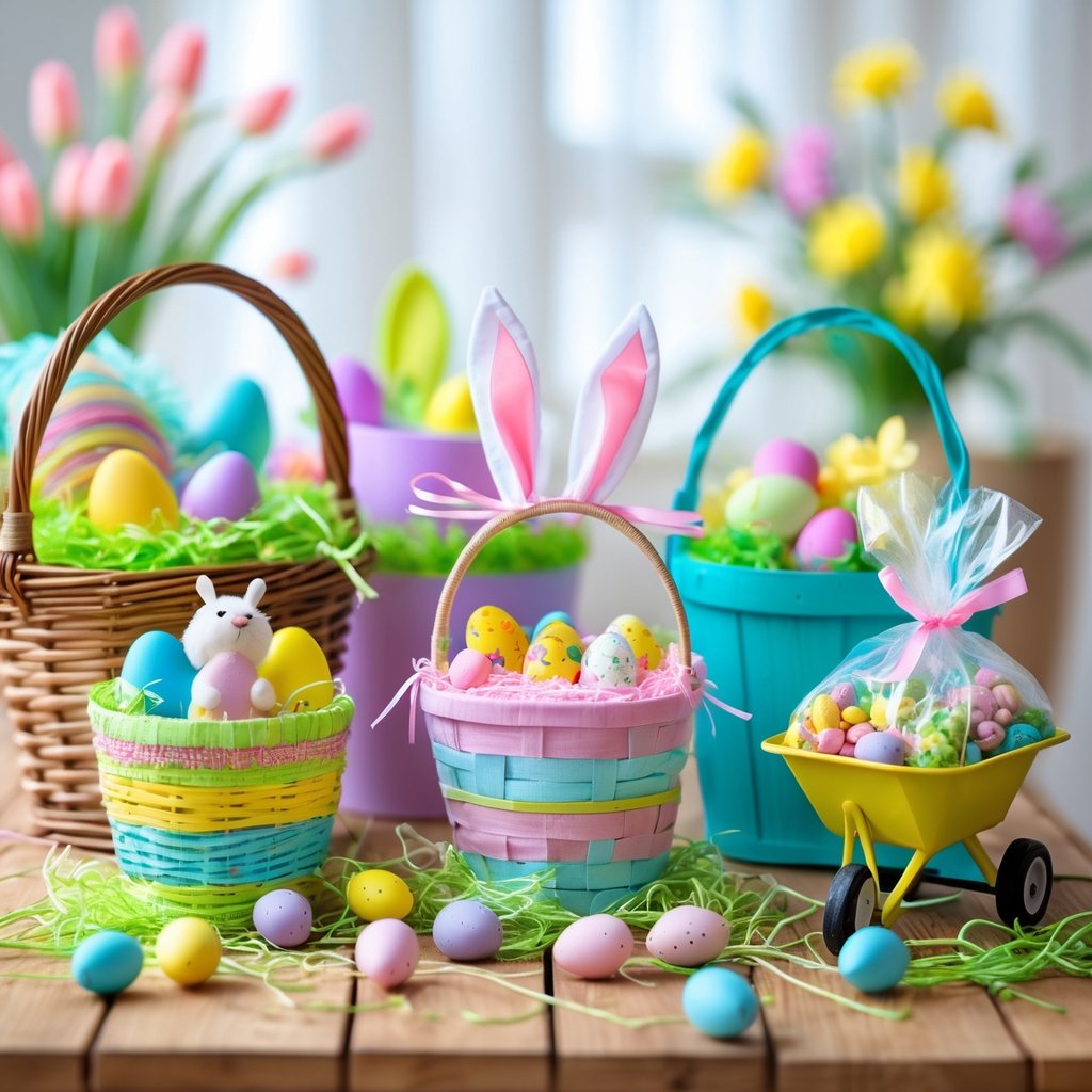 Five different Easter baskets filled with colorful eggs, candies, toys, and treats arranged on a table with spring flowers in the background.