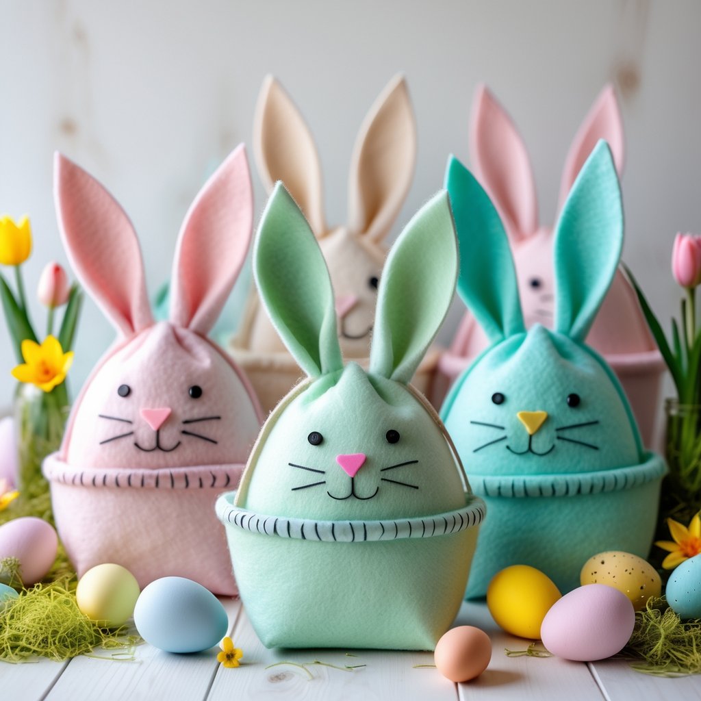 A group of pastel-colored bunny-shaped Easter baskets made from felt, displayed with Easter eggs and spring flowers on a wooden surface.