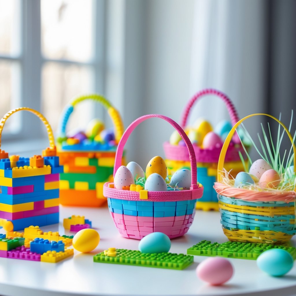 Five colorful Easter baskets filled with LEGO bricks and small toys arranged on a table.
