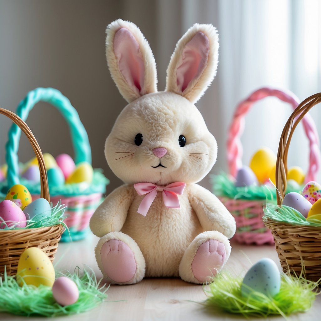 A plush bunny toy surrounded by five colorful Easter baskets filled with eggs and treats on a wooden surface.
