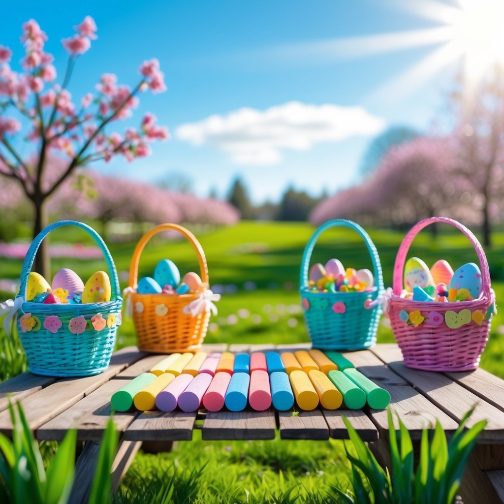 Outdoor scene with a colorful chalk set on a picnic table and five decorated Easter baskets on the grass surrounded by spring flowers.