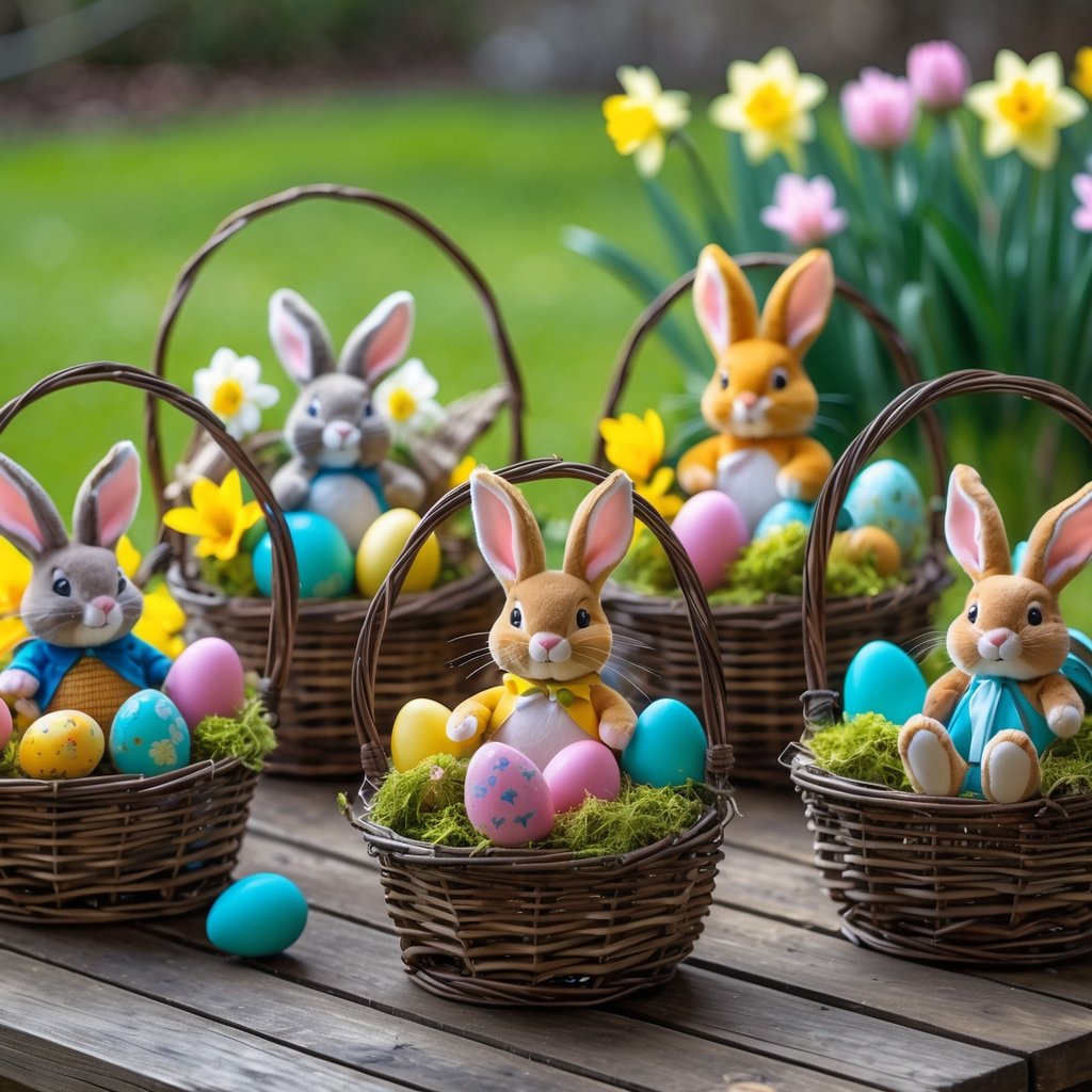 Five colorful Easter baskets filled with eggs, plush rabbits, and spring flowers arranged on a wooden table in a garden setting.