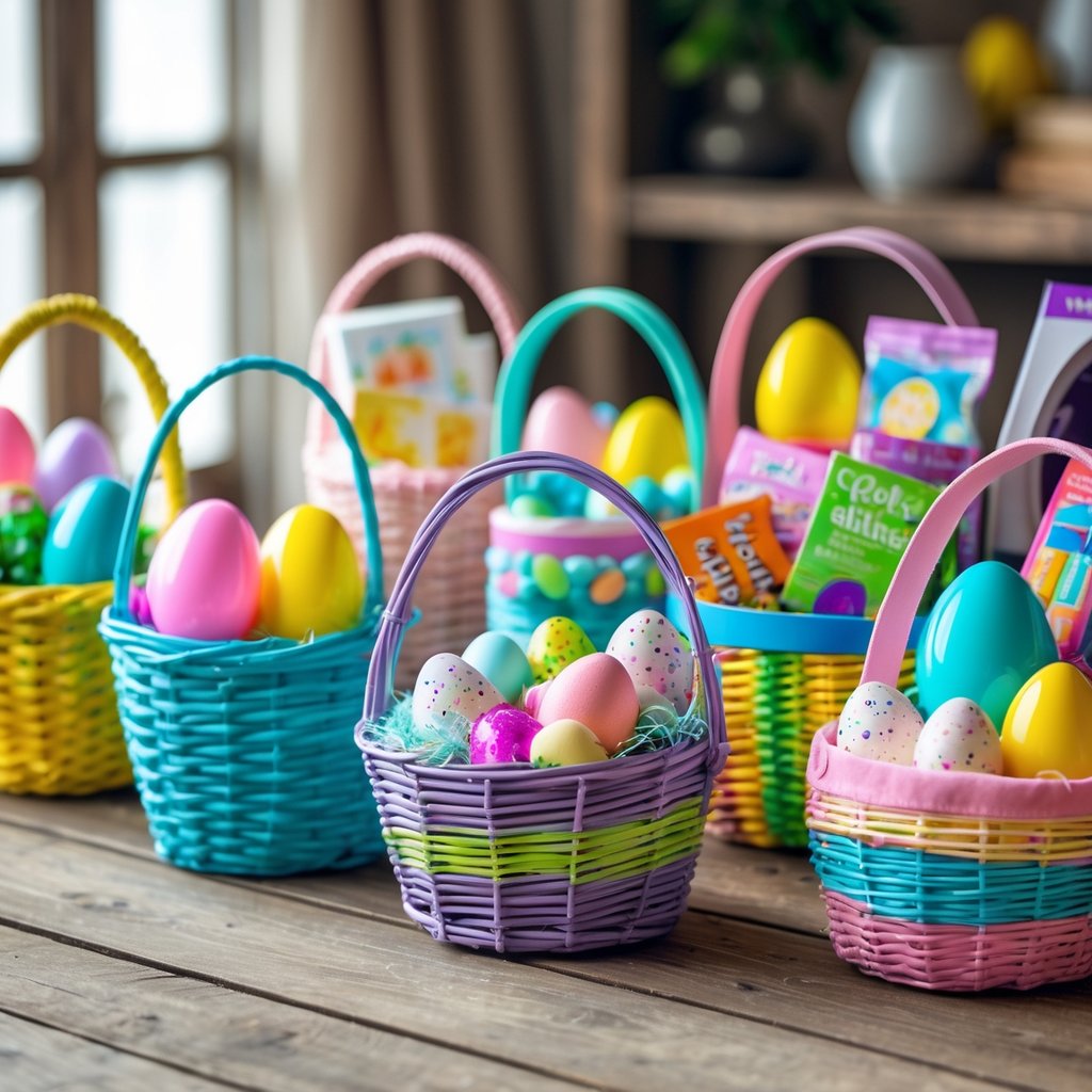 Nine Easter baskets filled with various gifts and treats arranged on a wooden table.