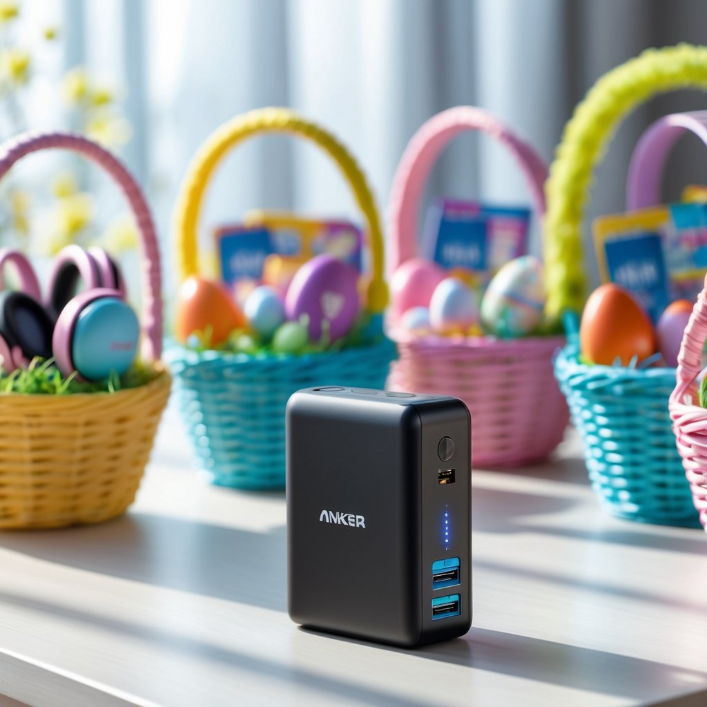 An Anker PowerCore portable charger on a wooden table surrounded by nine colorful Easter baskets filled with gifts and tech accessories.