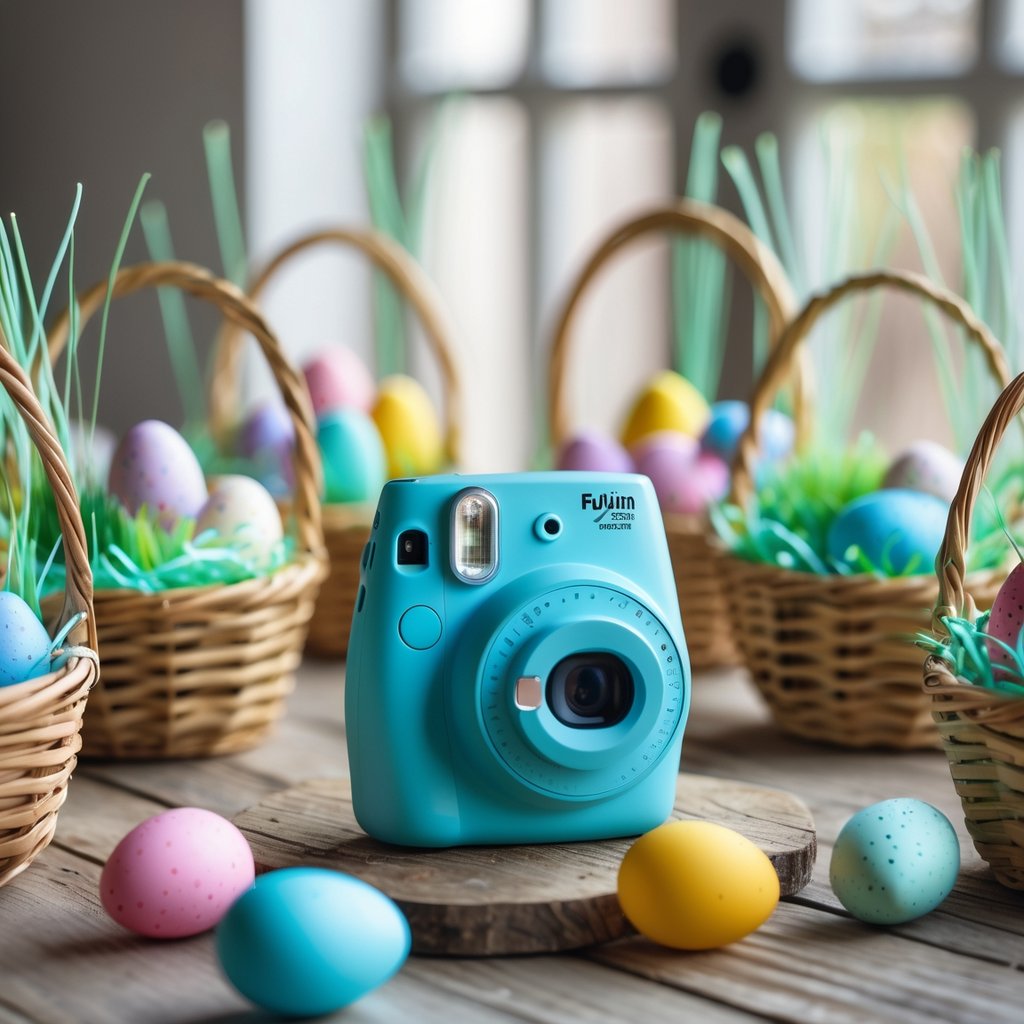 A Fujifilm Instax Mini camera on a wooden table surrounded by nine colorful Easter baskets filled with eggs and small gifts.