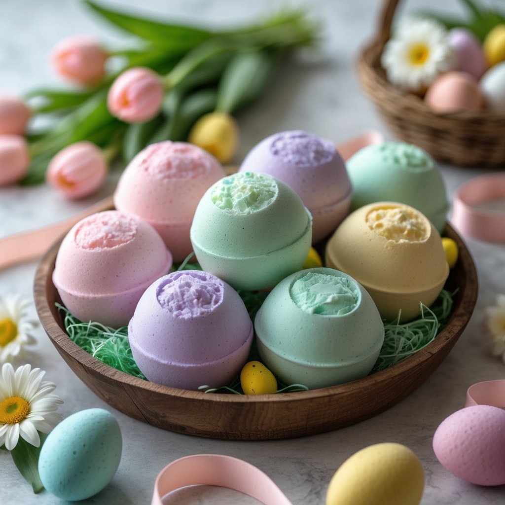 A wooden tray filled with colorful pastel bath bombs surrounded by spring flowers and decorative Easter eggs.
