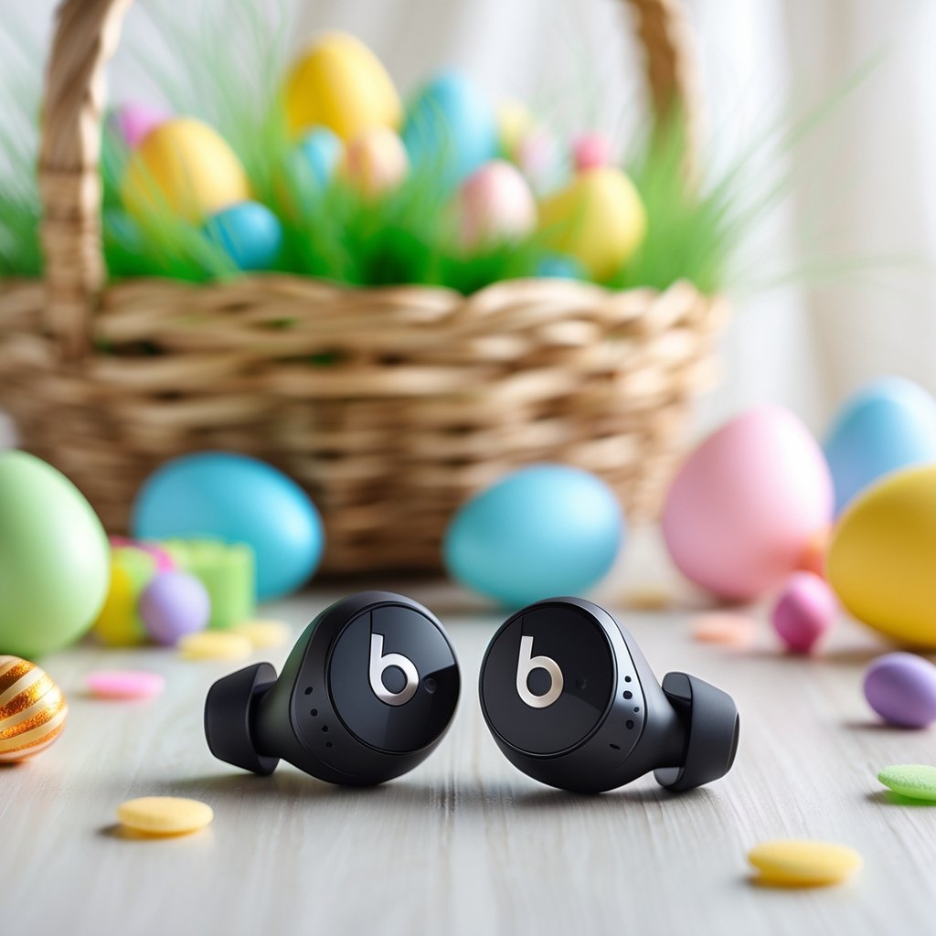 A pair of black wireless earbuds on a wooden table surrounded by colorful Easter basket items including plastic eggs, candy, and a woven basket.
