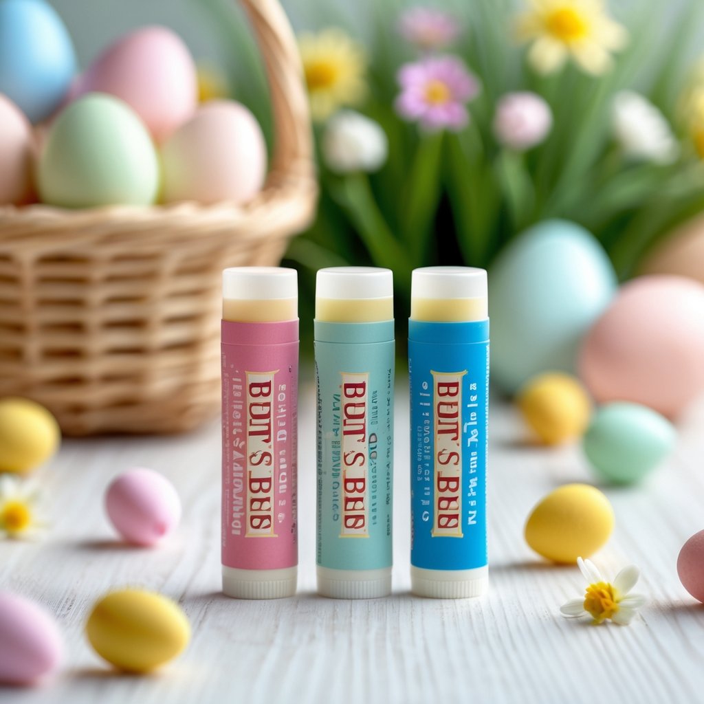Three Burt's Bees lip balm tubes arranged on a wooden surface surrounded by colorful Easter eggs and small flowers.