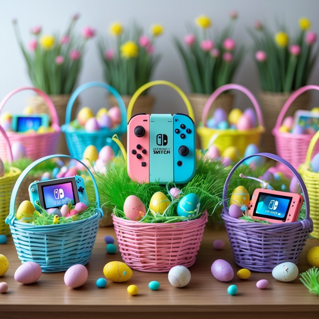 Nine colorful Easter baskets for teens arranged on a table, featuring a Nintendo Switch Lite and various small gifts and decorations.