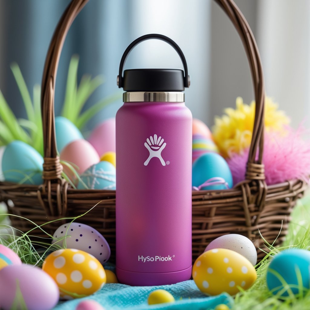 A Hydro Flask water bottle displayed next to an Easter basket filled with colorful eggs and small gifts.