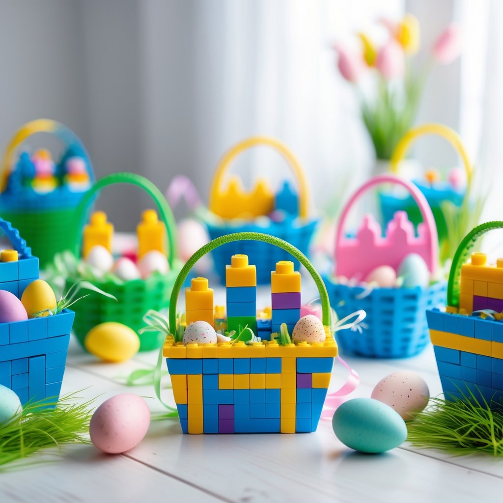 Nine colorful Easter baskets decorated with LEGO Architecture sets, pastel eggs, and ribbons arranged on a wooden surface.