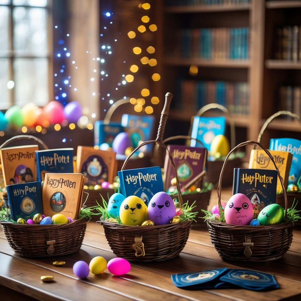 A table displaying nine Easter baskets filled with Harry Potter-themed items such as books, wands, decorated eggs, and plush owls in a cozy room with bookshelves and natural light.
