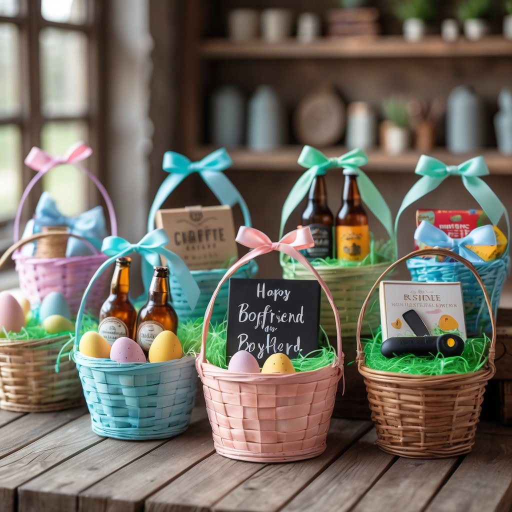 Seven Easter baskets with various gifts arranged on a wooden table, including snacks, gadgets, accessories, and outdoor items.
