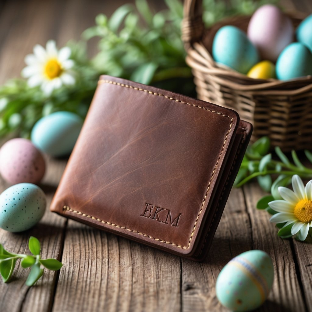 Close-up of a brown leather wallet with initials surrounded by Easter eggs, chocolates, and spring flowers on a wooden surface.