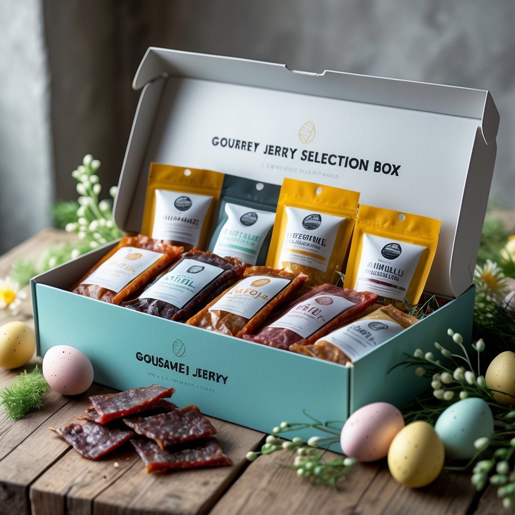 An open gourmet jerky selection box with seven types of jerky displayed on a wooden table, surrounded by pastel Easter eggs and spring flowers.