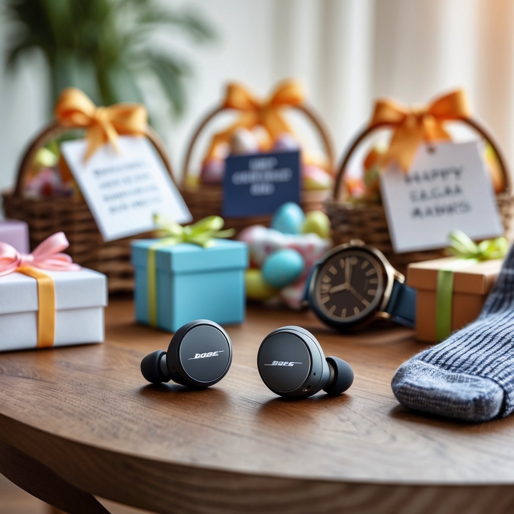 A pair of Bose QuietComfort Earbuds on a wooden table surrounded by seven Easter basket gift ideas including chocolates, gadgets, and accessories.
