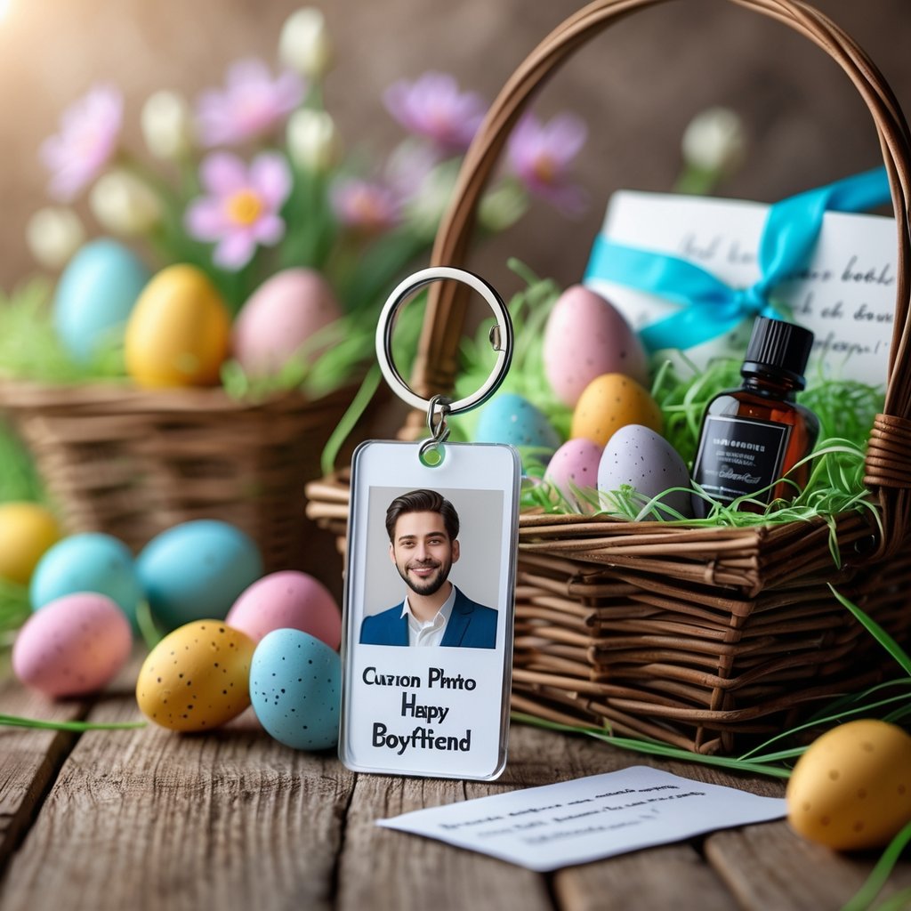 A wooden table with Easter baskets containing a custom photo keychain, chocolates, pastel eggs, a note, and a small bottle of cologne, surrounded by spring flowers.