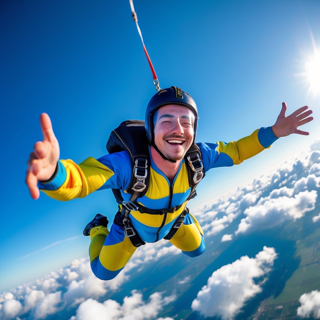 A young man smiling and skydiving in mid-air against a blue sky with clouds.