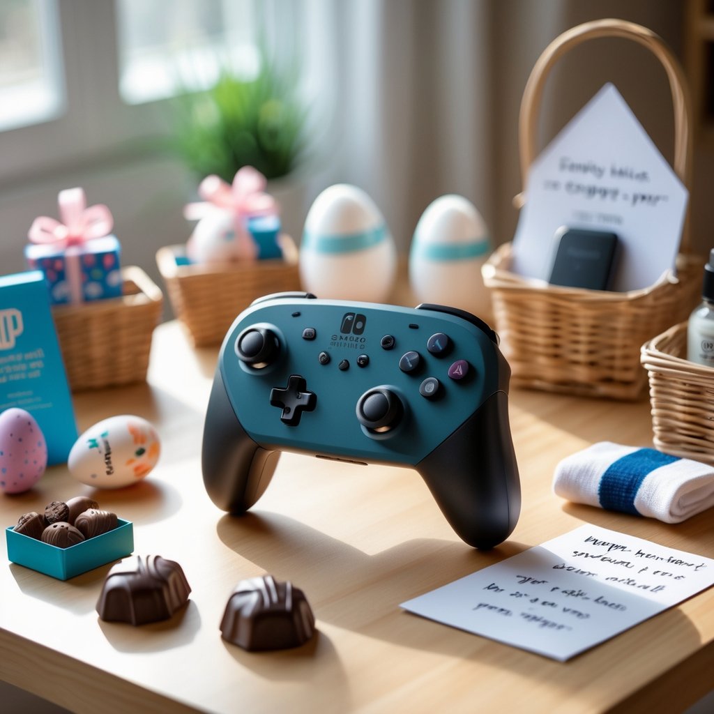 Nintendo Switch Pro Controller on a wooden table surrounded by seven Easter basket gift ideas for boyfriends including chocolates, watch, earbuds, wallet, cologne, socks, and a love note.