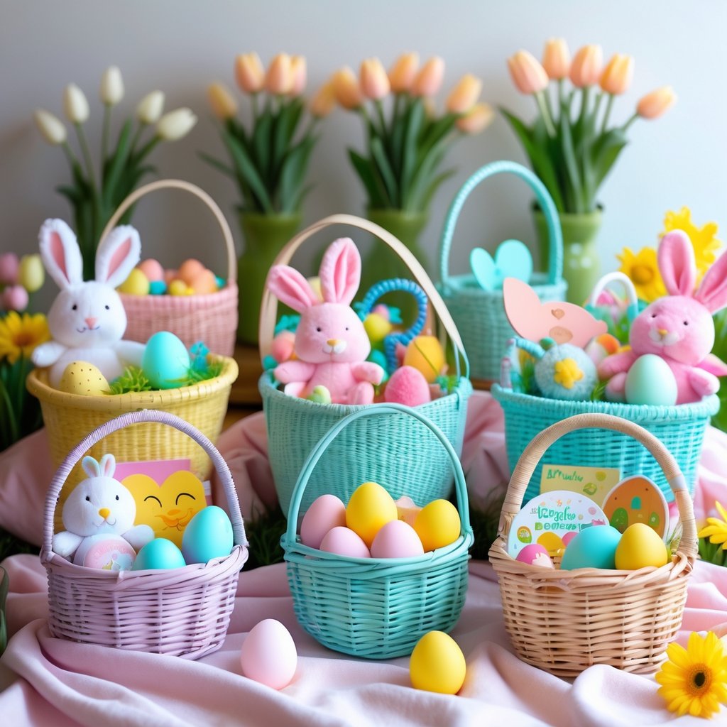 Seven Easter baskets filled with baby toys and colorful eggs arranged on a pastel blanket with spring flowers around.